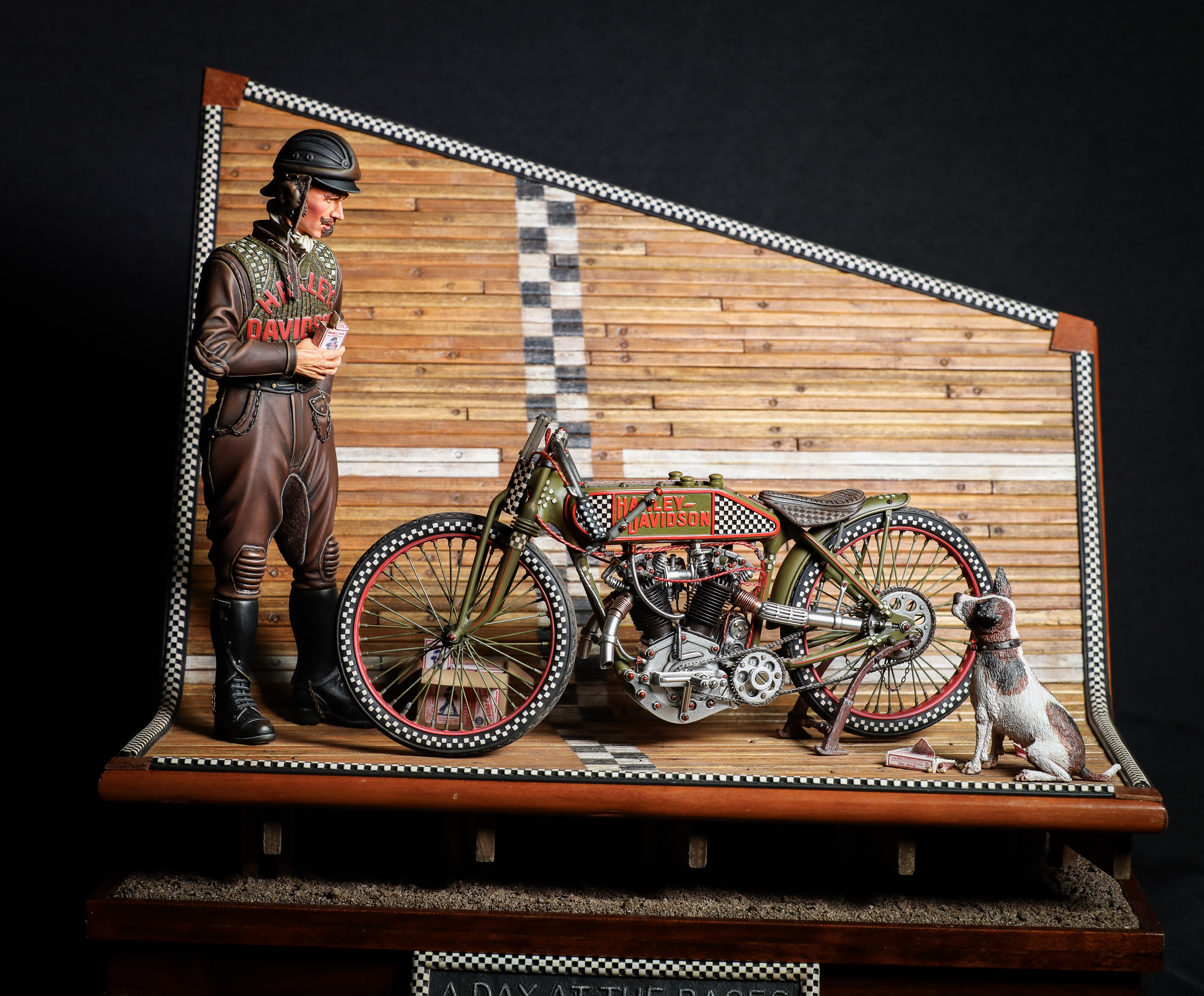 "A Day At The Races" Cracker Jack, Bingo the dog & the Harley Racer by ALEXANDER W DELEON